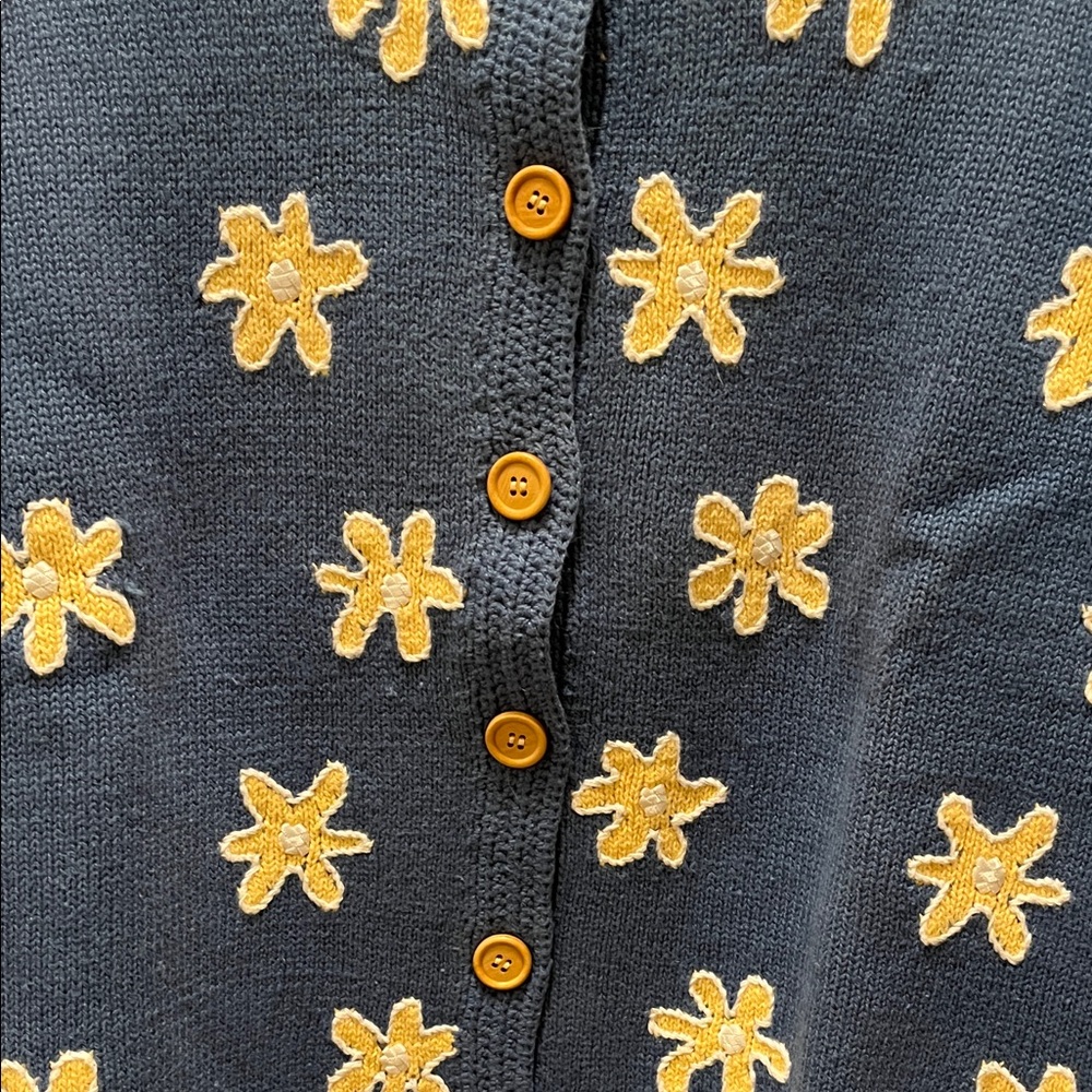 Orvis Blue Sweater with Cream Floral Accents - Picture 2 of 3